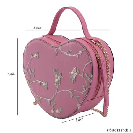 Peach Pink Floral Faux Leather Heart Shape Embroidery Crossbody Bag for Women, Crossbody Purse, Designer Crossbody, Shoulder Handbags image number 4