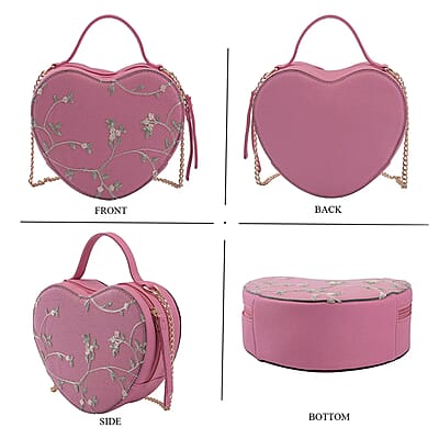 Peach Pink Floral Faux Leather Heart Shape Embroidery Crossbody Bag for Women, Crossbody Purse, Designer Crossbody, Shoulder Handbags