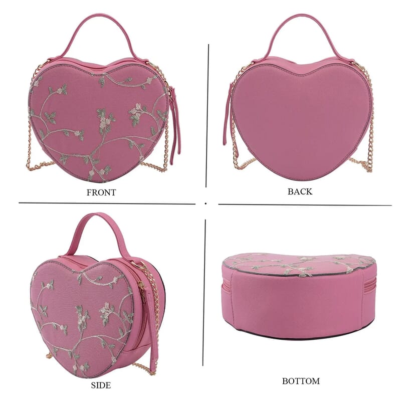 Peach Pink Floral Faux Leather Heart Shape Embroidery Crossbody Bag for Women, Crossbody Purse, Designer Crossbody, Shoulder Handbags