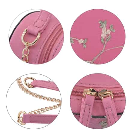 Peach Pink Floral Faux Leather Heart Shape Embroidery Crossbody Bag for Women, Crossbody Purse, Designer Crossbody, Shoulder Handbags image number 6