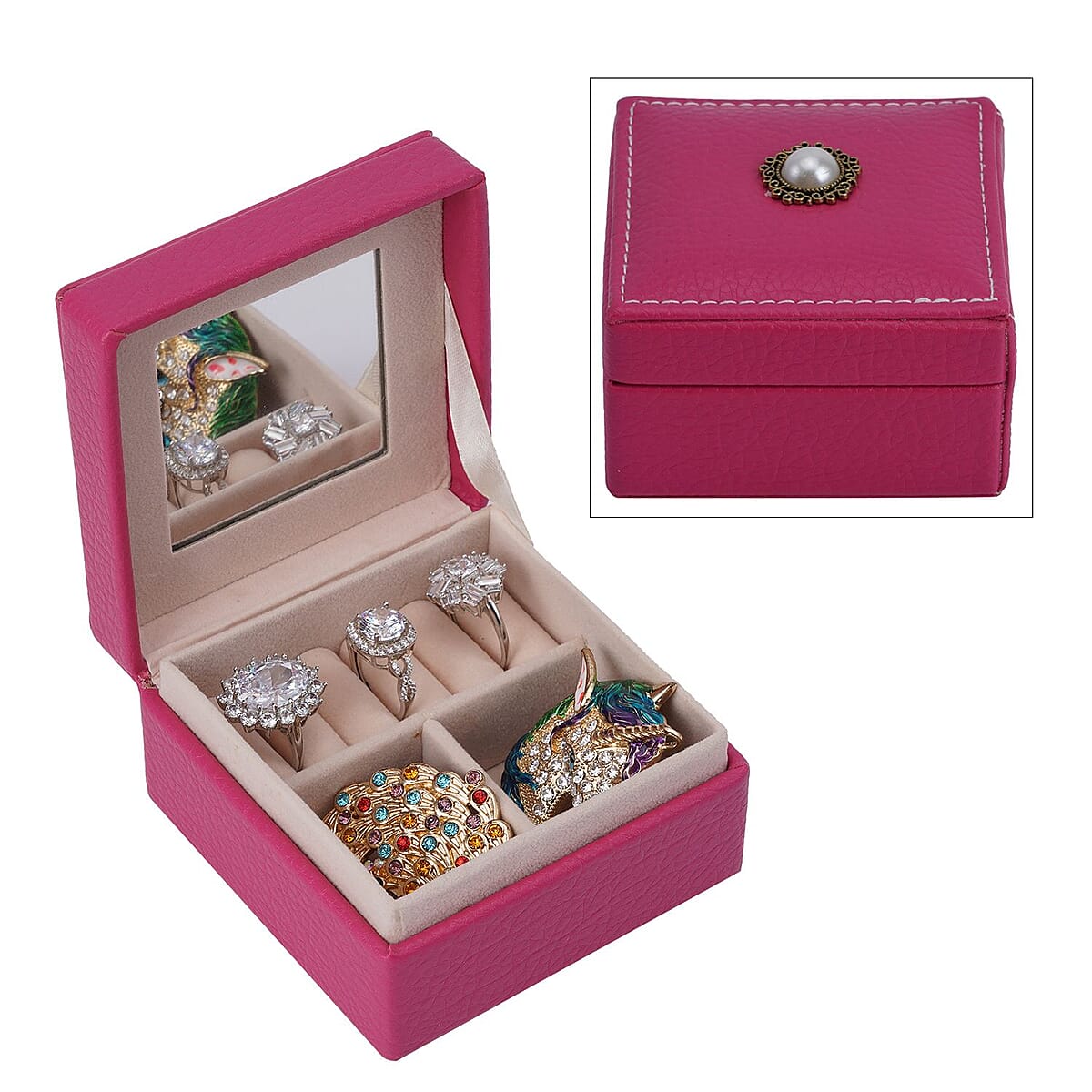 Simulated Pearl Fuchsia Crocodile Pattern Faux Leather Mini Travel Jewelry Box (4x4) image number 0