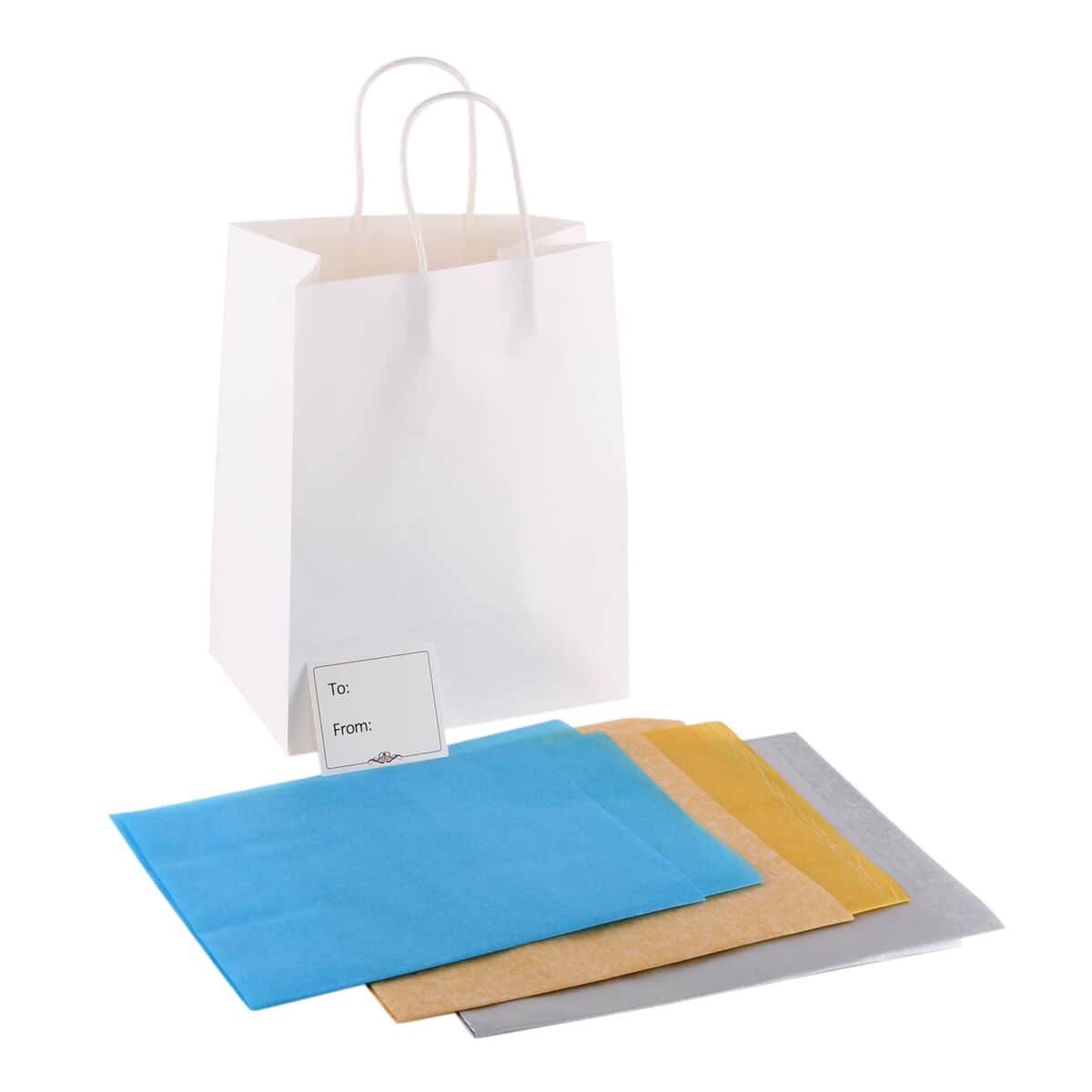 White Paper Gift Bag with 3 Multi Color Tissue Paper Sheets and Note Card image number 0
