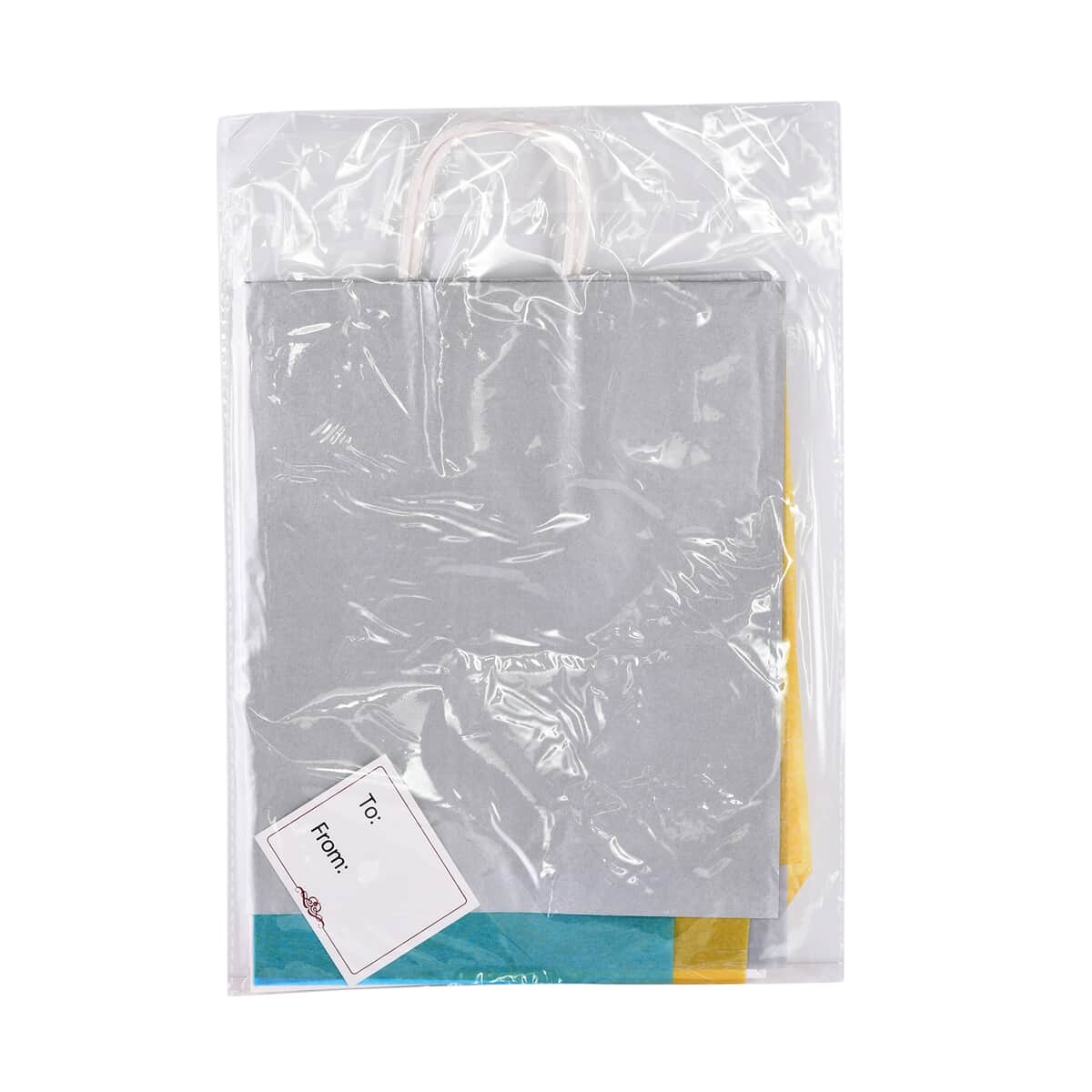 White Paper Gift Bag with 3 Multi Color Tissue Paper Sheets and Note Card image number 4
