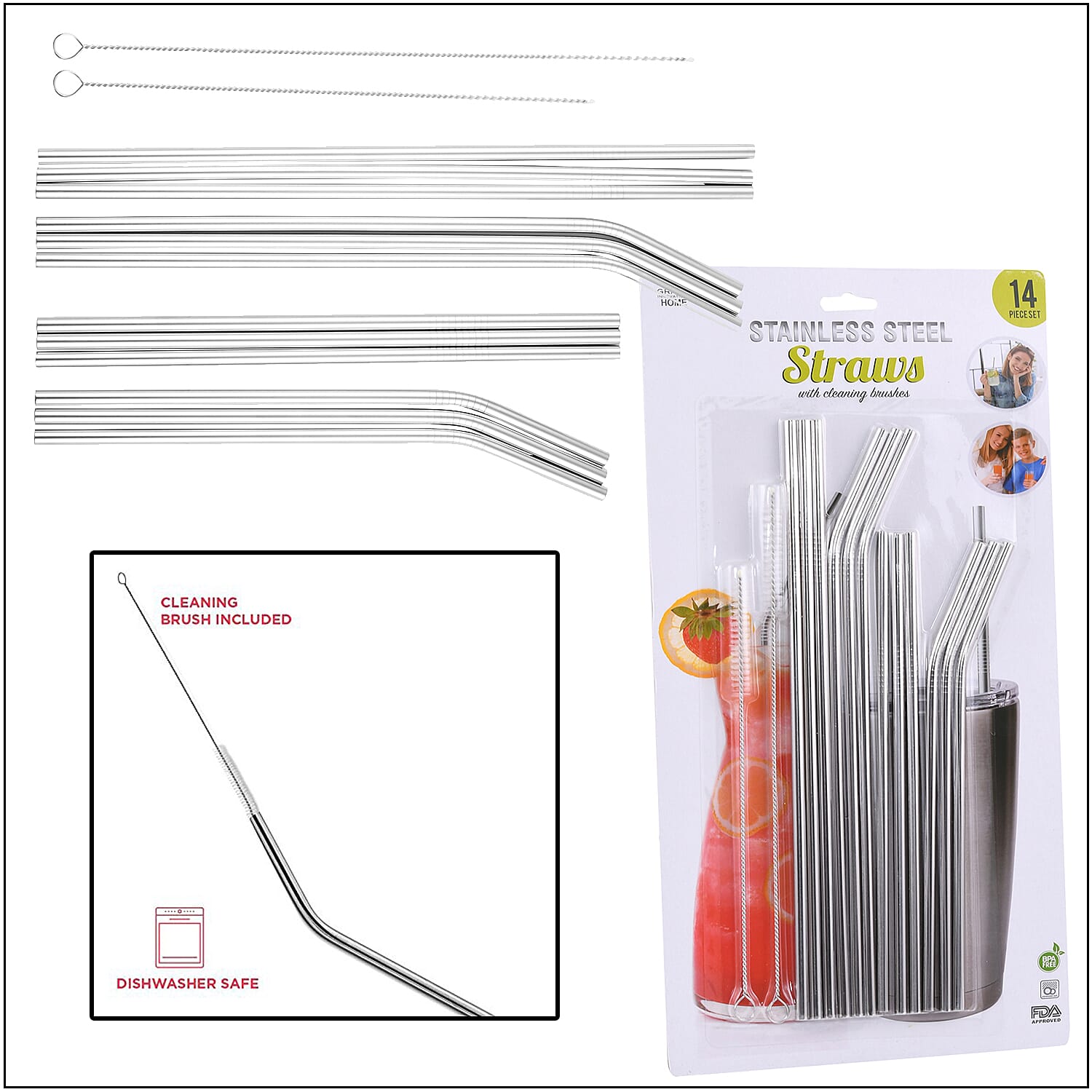 Grand Innovations 14pcs Stainless Steel Straws with Cleaning Brushes