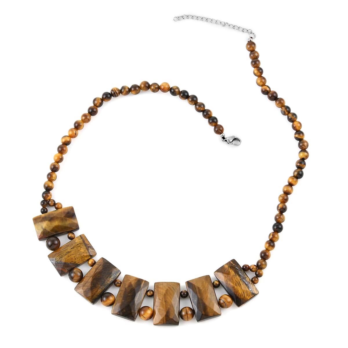 Yellow Tiger's Eye Necklace 18-20 Inches in Stainless Steel 322.00 ctw image number 0