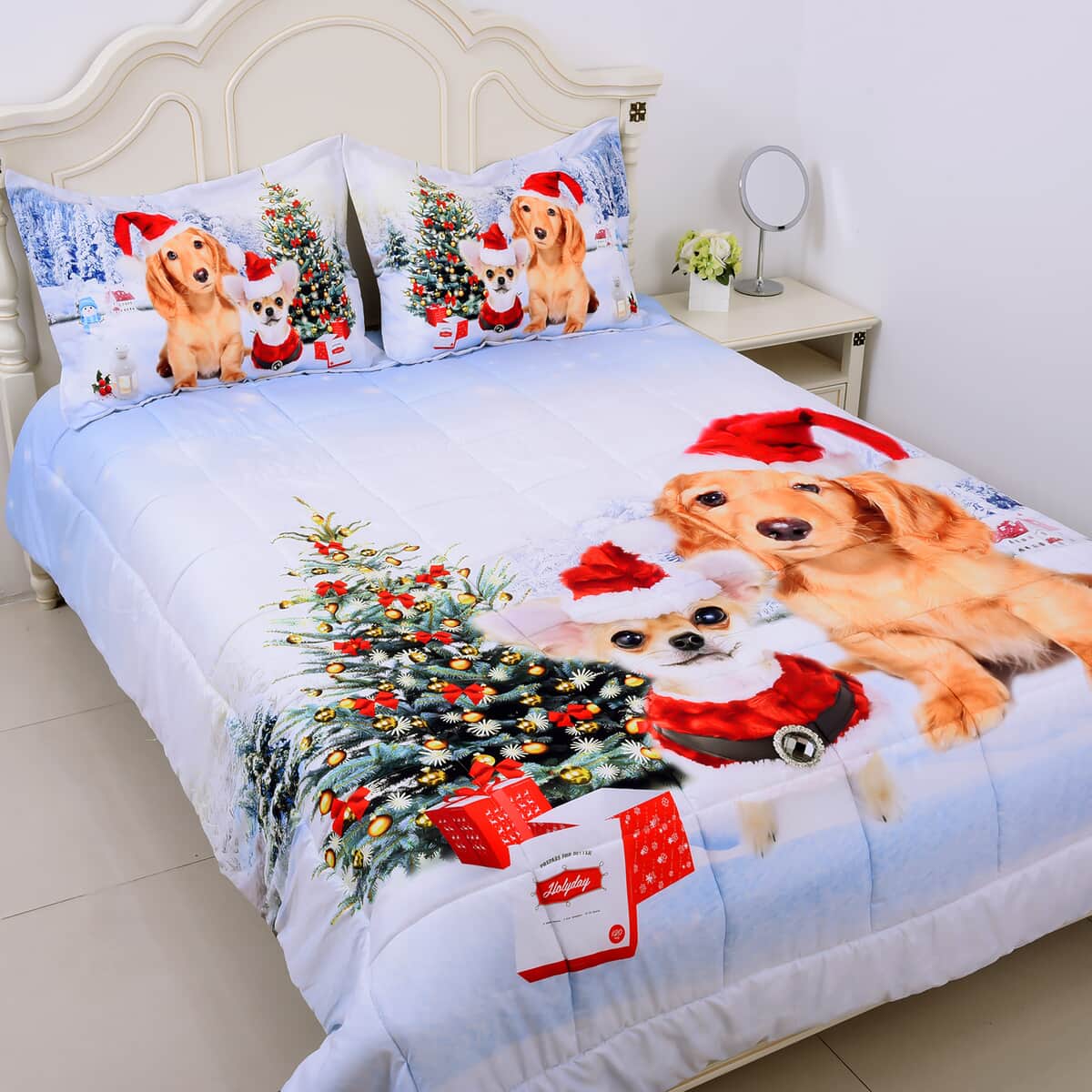 Homesmart White Digital Printed Santa Dogs Pattern Queen size microfiber Comforter with Shams set image number 0