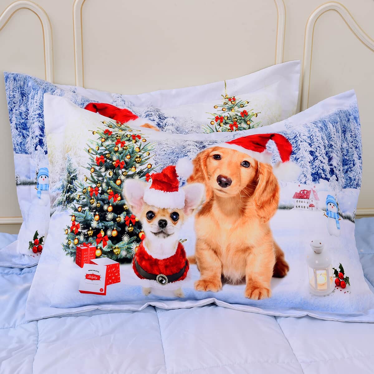 Homesmart White Digital Printed Santa Dogs Pattern Queen size microfiber Comforter with Shams set image number 1