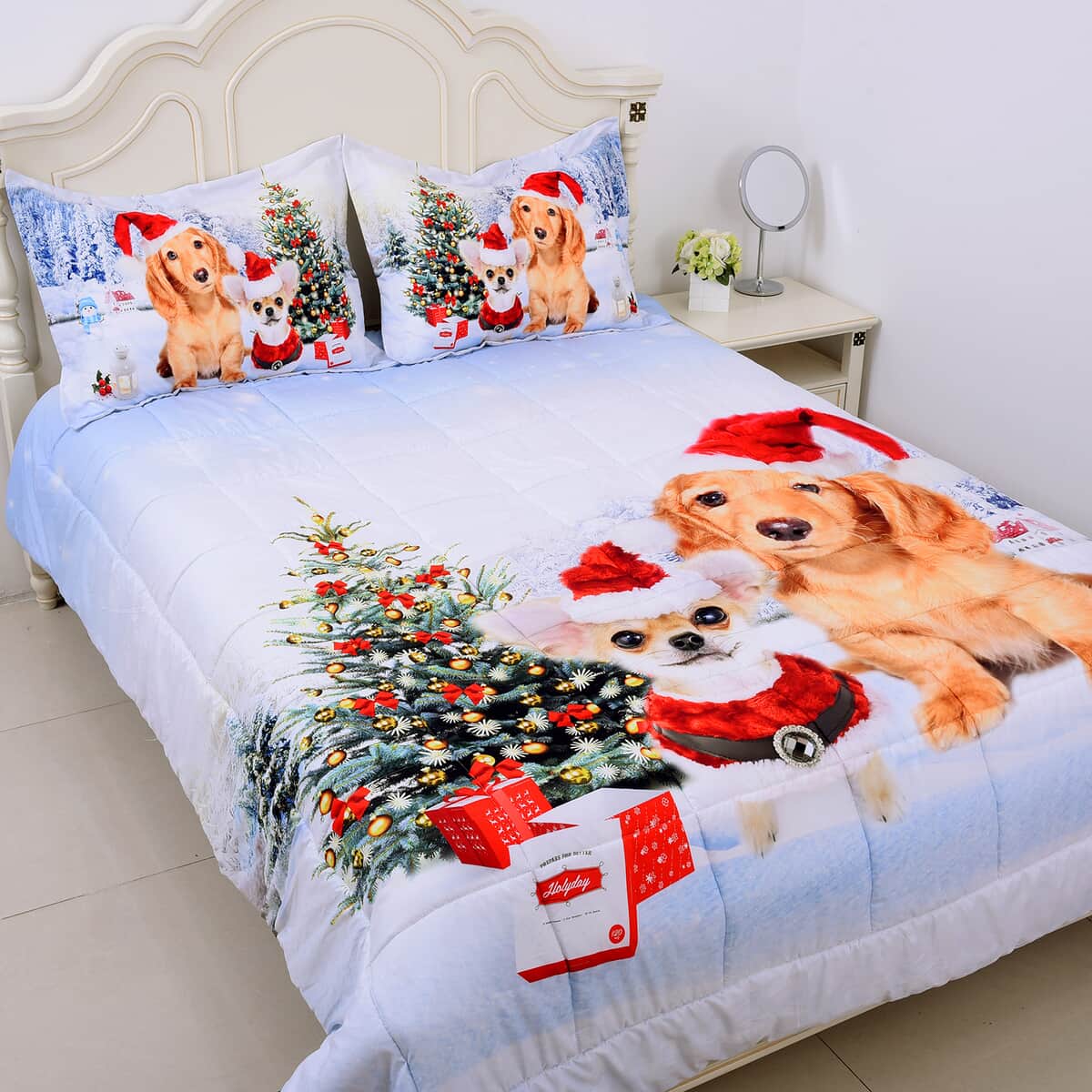 Homesmart White Digital Printed Santa Dogs Pattern King size microfiber Comforter with Shams set image number 0