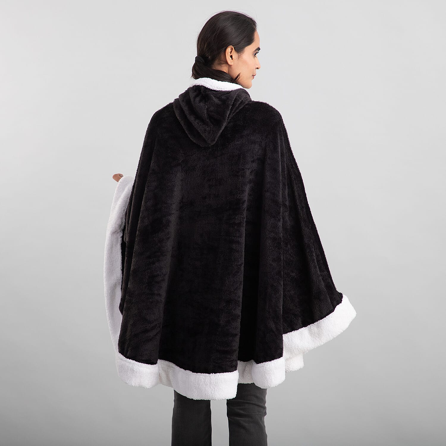 Black Microfiber Wrap Hooded Blanket Poncho with Pockets and Sherpa Trim - One Size Fits Most