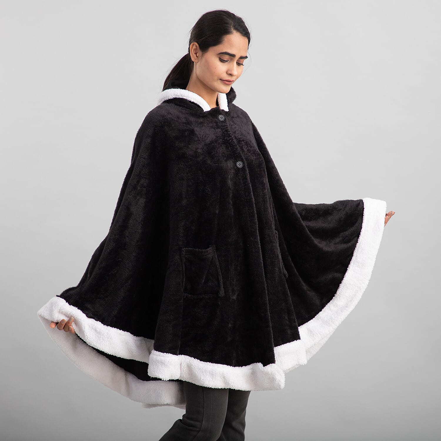 Black Microfiber Wrap Hooded Blanket Poncho with Pockets and Sherpa Trim - One Size Fits Most