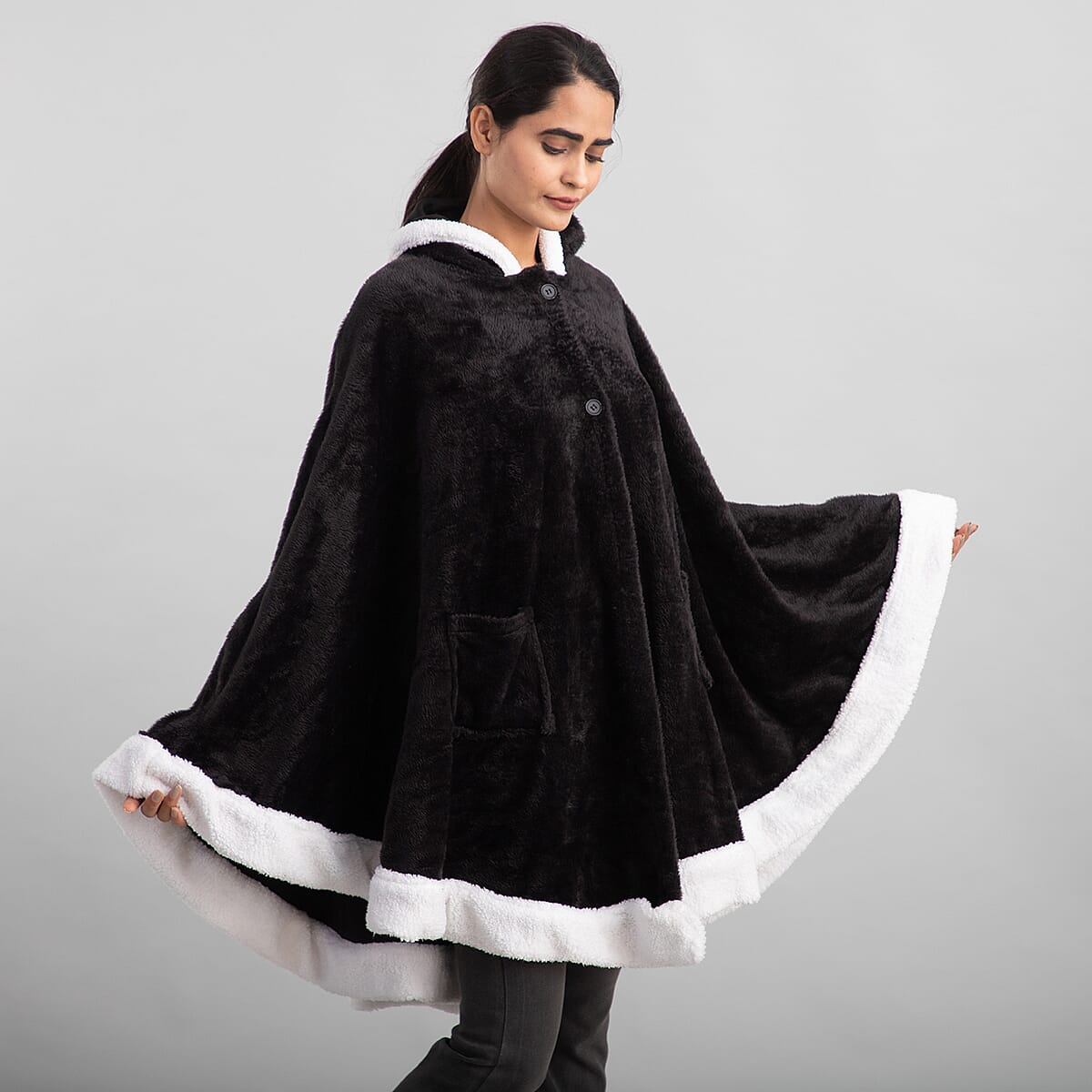 Black Microfiber Wrap Hooded Blanket Poncho with Pockets and Sherpa Trim - One Size Fits Most image number 2