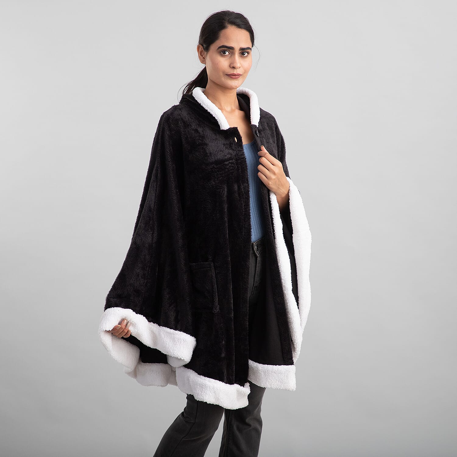 Black Microfiber Wrap Hooded Blanket Poncho with Pockets and Sherpa Trim - One Size Fits Most