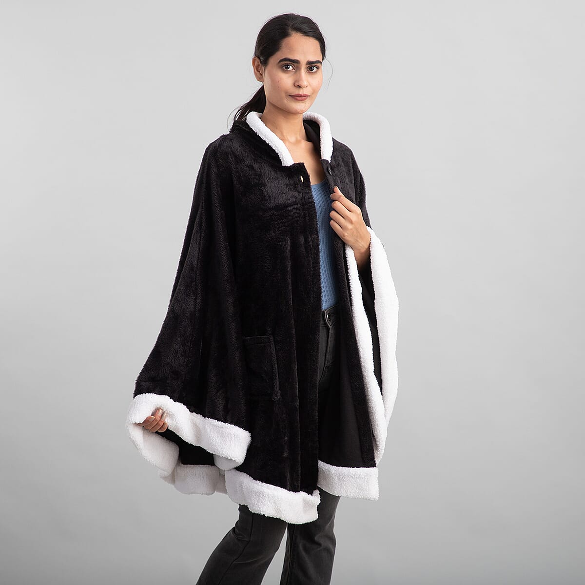 Black Microfiber Wrap Hooded Blanket Poncho with Pockets and Sherpa Trim - One Size Fits Most image number 3