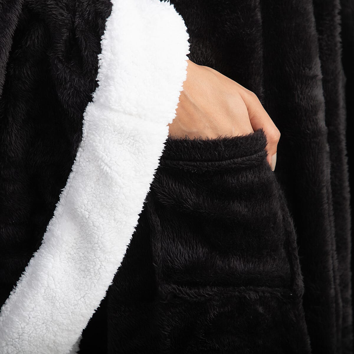 Black Microfiber Wrap Hooded Blanket Poncho with Pockets and Sherpa Trim - One Size Fits Most image number 4