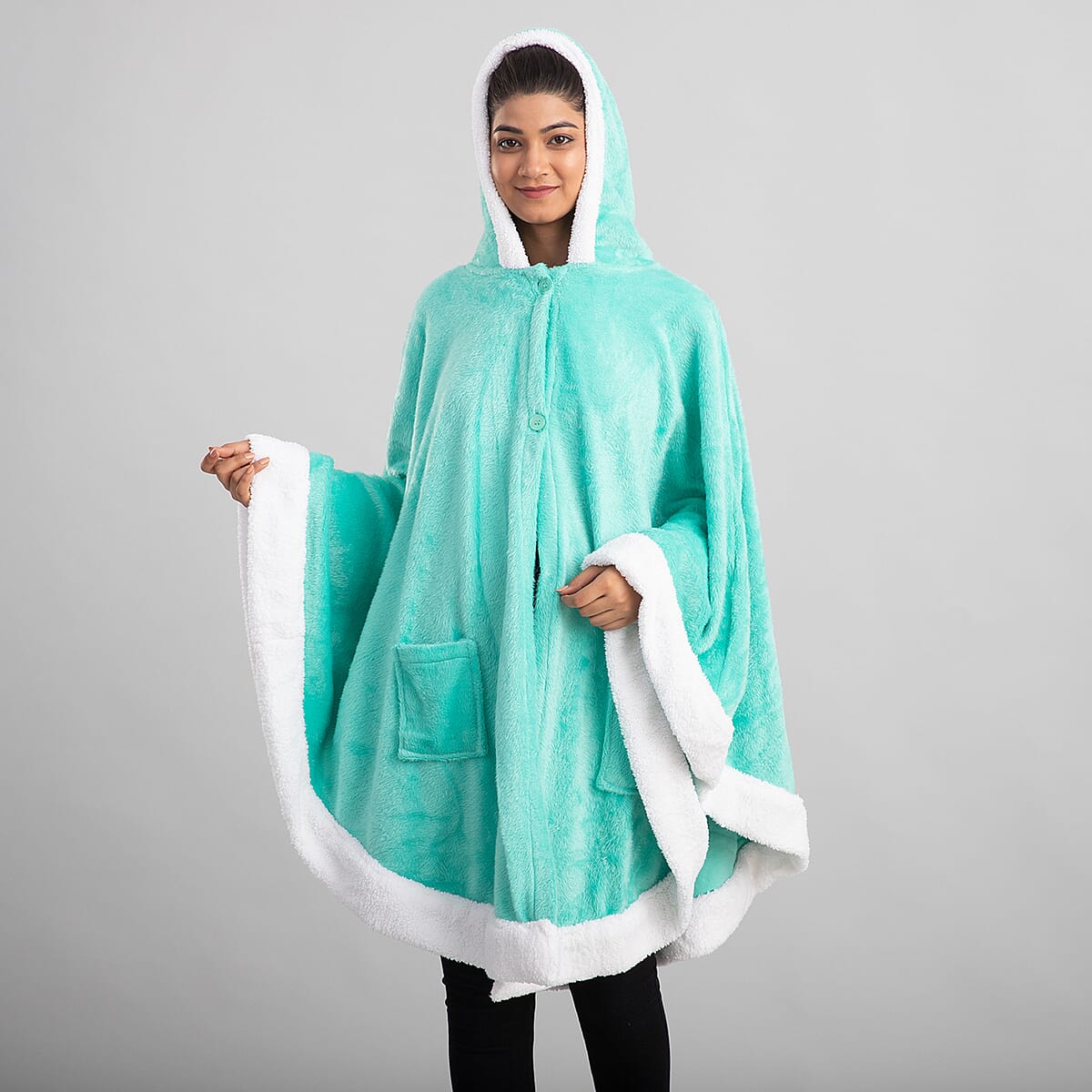 Turquoise Microfiber Wrap Hooded Blanket Poncho with Pockets and Sherpa Trim - One Size Fits Most image number 0