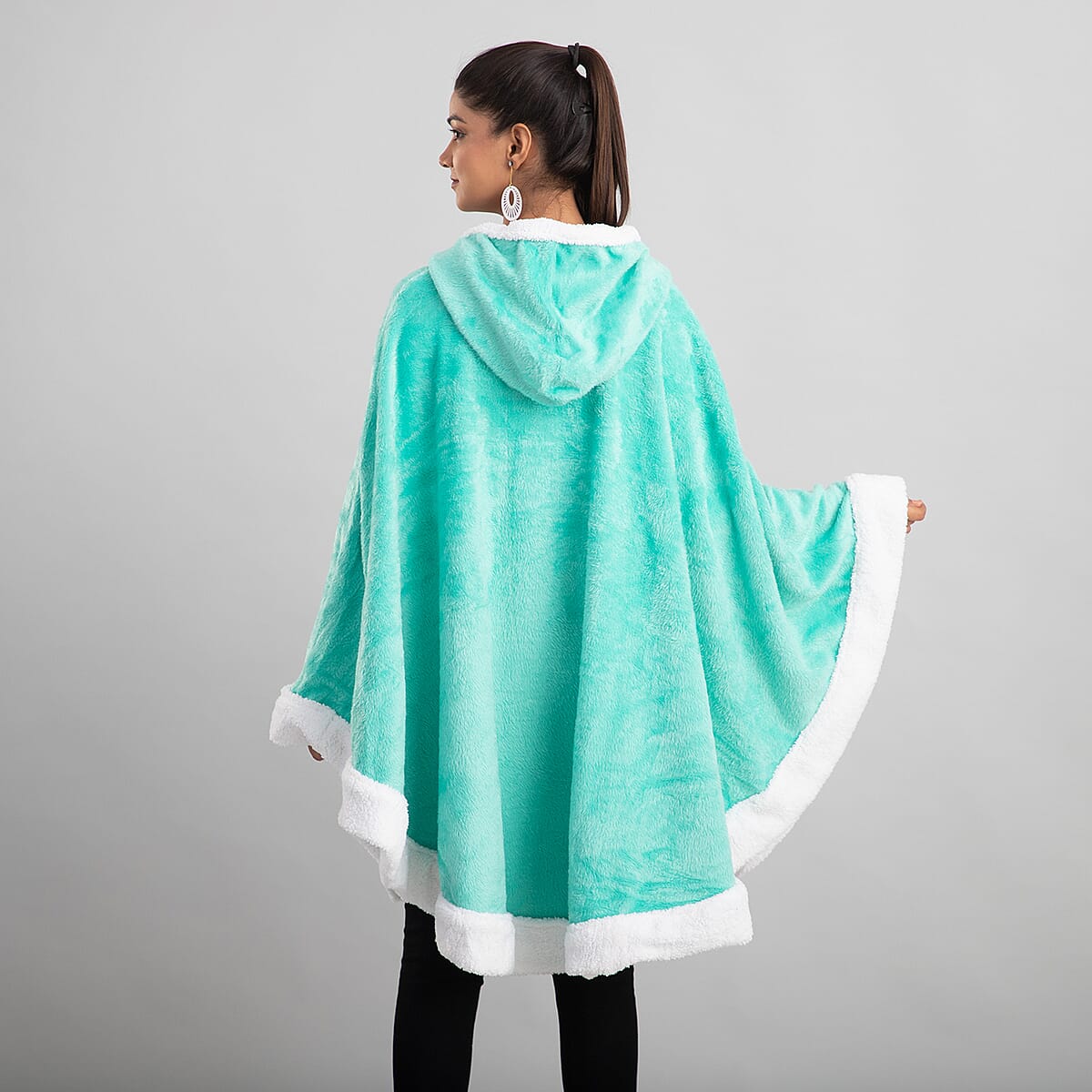 Turquoise Microfiber Wrap Hooded Blanket Poncho with Pockets and Sherpa Trim - One Size Fits Most image number 1