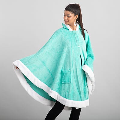 Turquoise Microfiber Wrap Hooded Blanket Poncho with Pockets and Sherpa Trim - One Size Fits Most