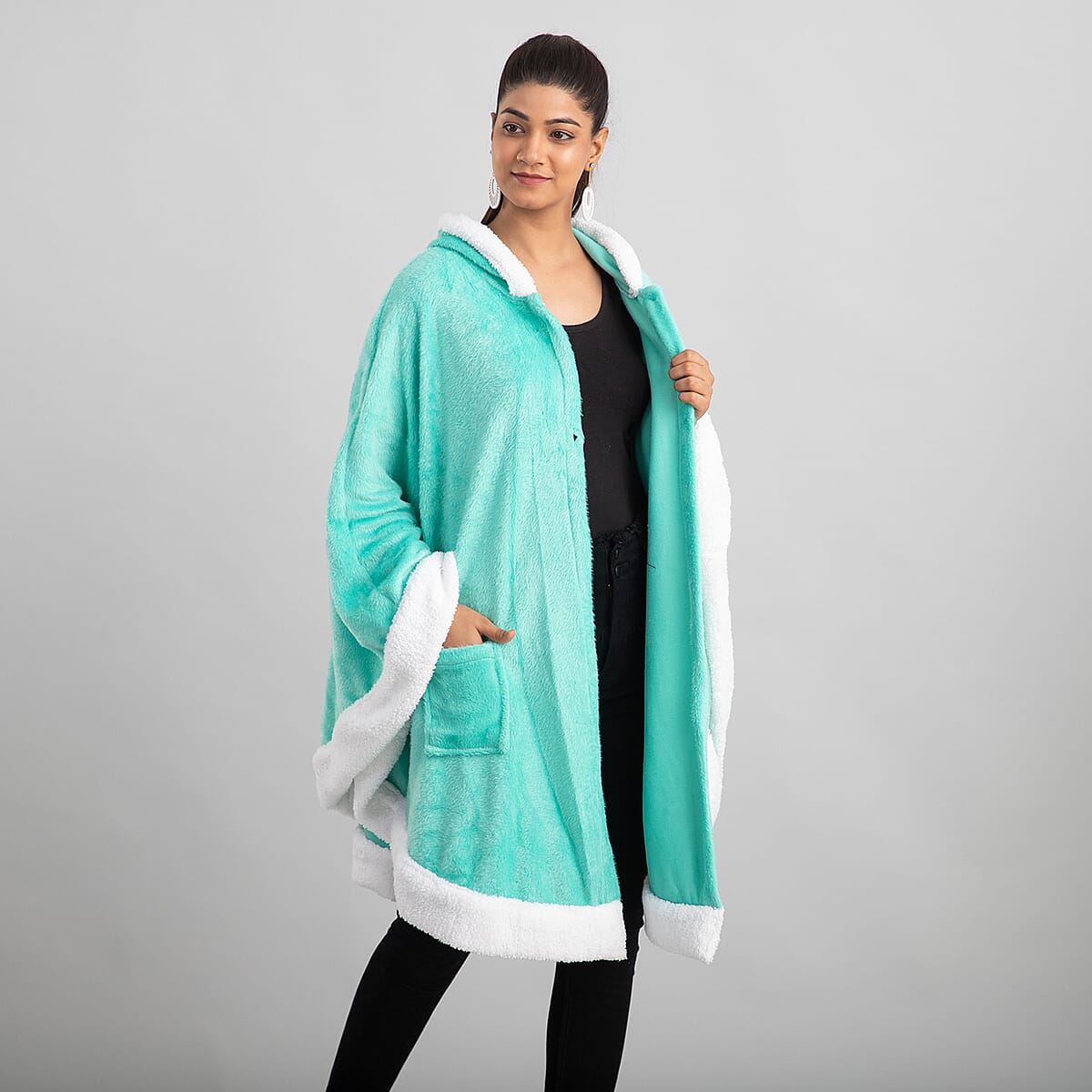 Turquoise Microfiber Wrap Hooded Blanket Poncho with Pockets and Sherpa Trim - One Size Fits Most image number 3