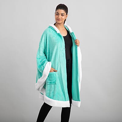 Turquoise Microfiber Wrap Hooded Blanket Poncho with Pockets and Sherpa Trim - One Size Fits Most