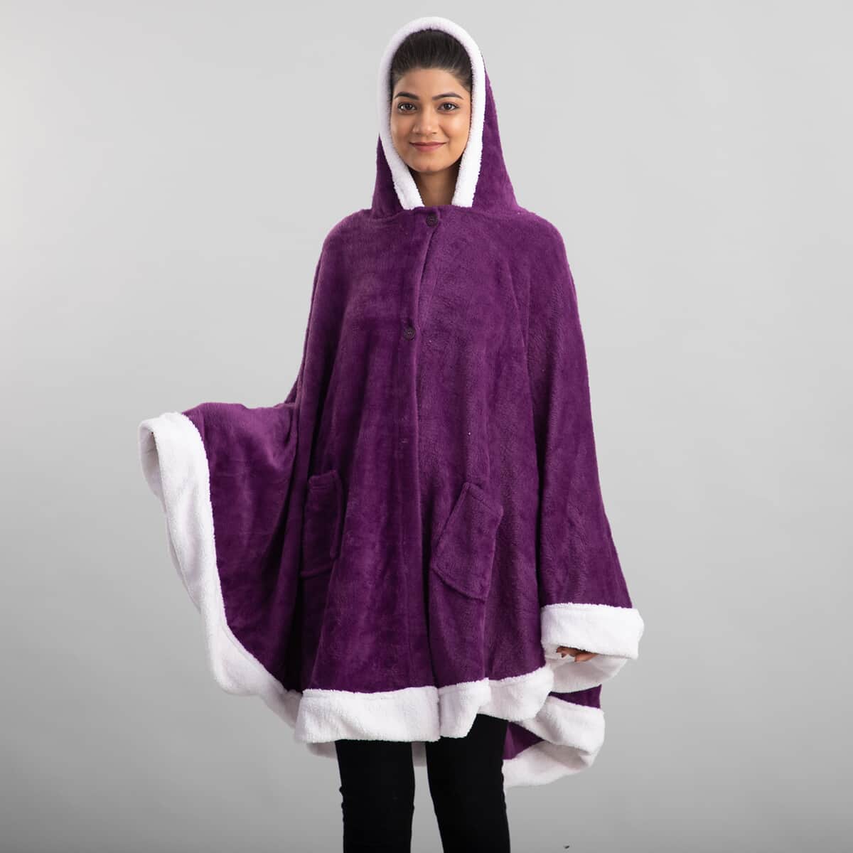 Purple Microfiber Wrap Hooded Blanket Poncho with Pockets and Sherpa Trim - One Size Fits Most image number 0