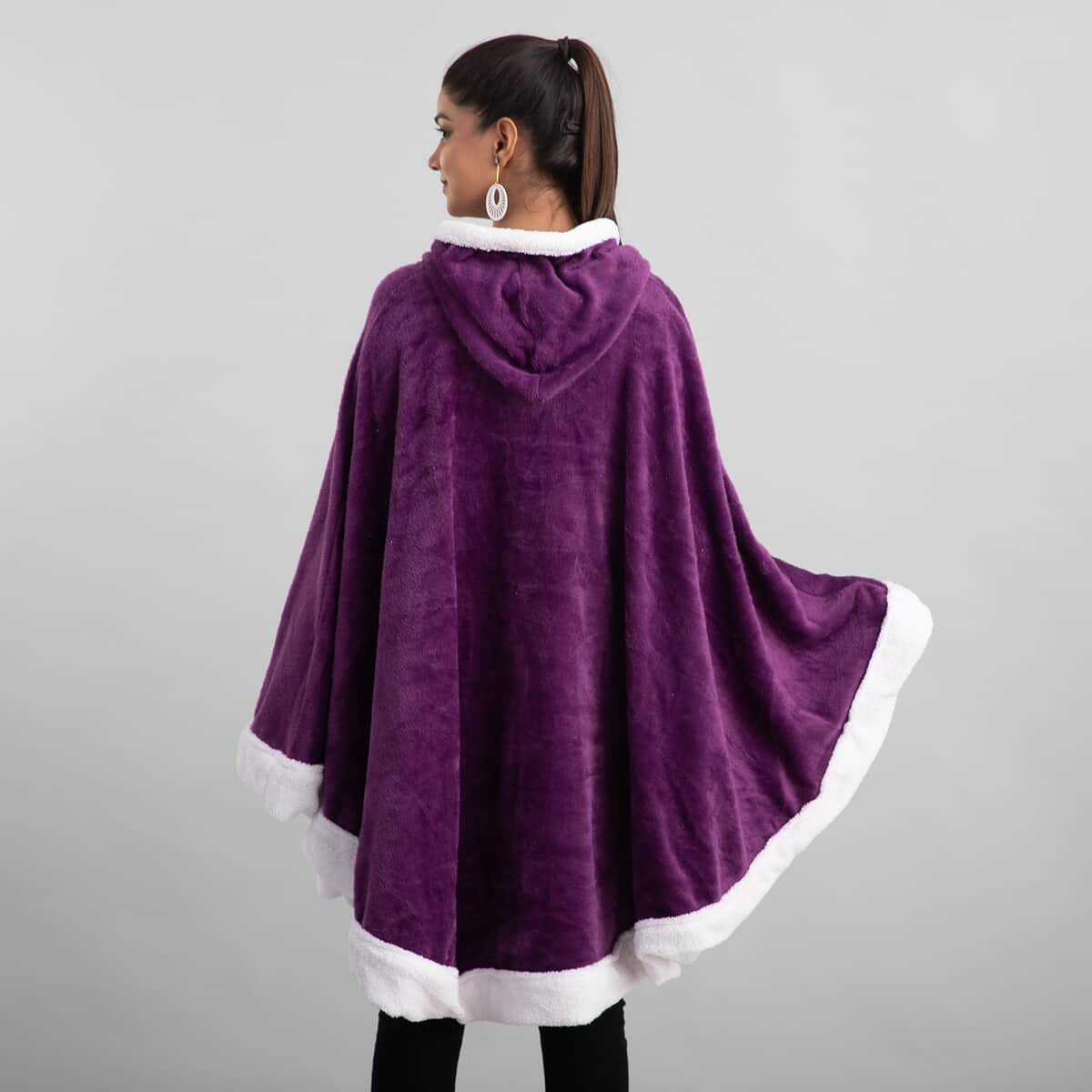 Purple Microfiber Wrap Hooded Blanket Poncho with Pockets and Sherpa Trim - One Size Fits Most image number 1