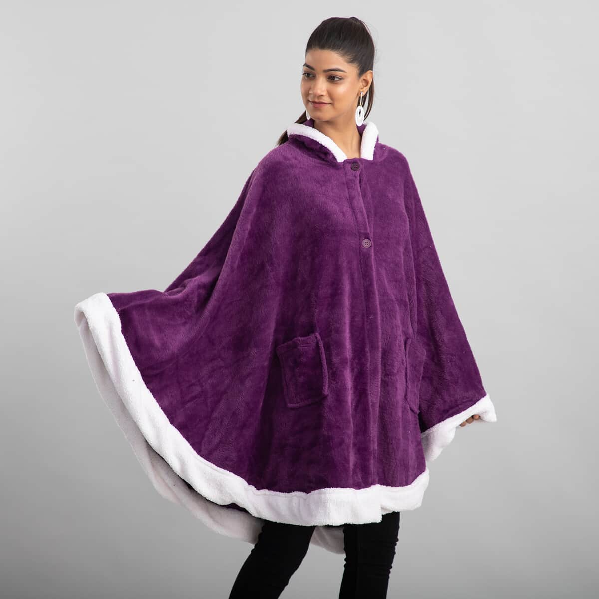 Purple Microfiber Wrap Hooded Blanket Poncho with Pockets and Sherpa Trim - One Size Fits Most image number 2