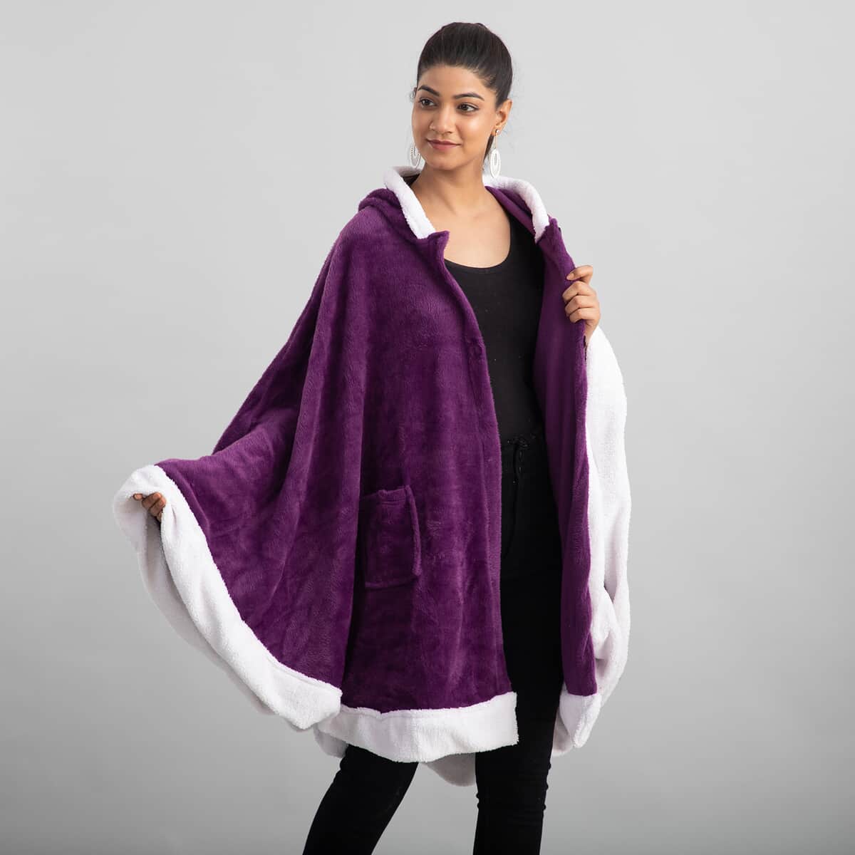Purple Microfiber Wrap Hooded Blanket Poncho with Pockets and Sherpa Trim - One Size Fits Most image number 3