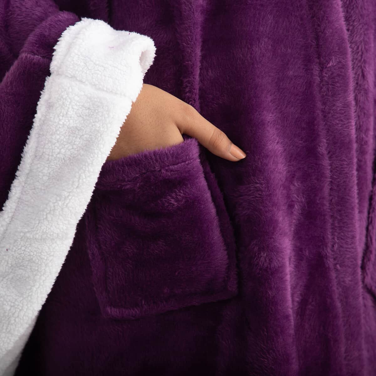 Purple Microfiber Wrap Hooded Blanket Poncho with Pockets and Sherpa Trim - One Size Fits Most image number 4