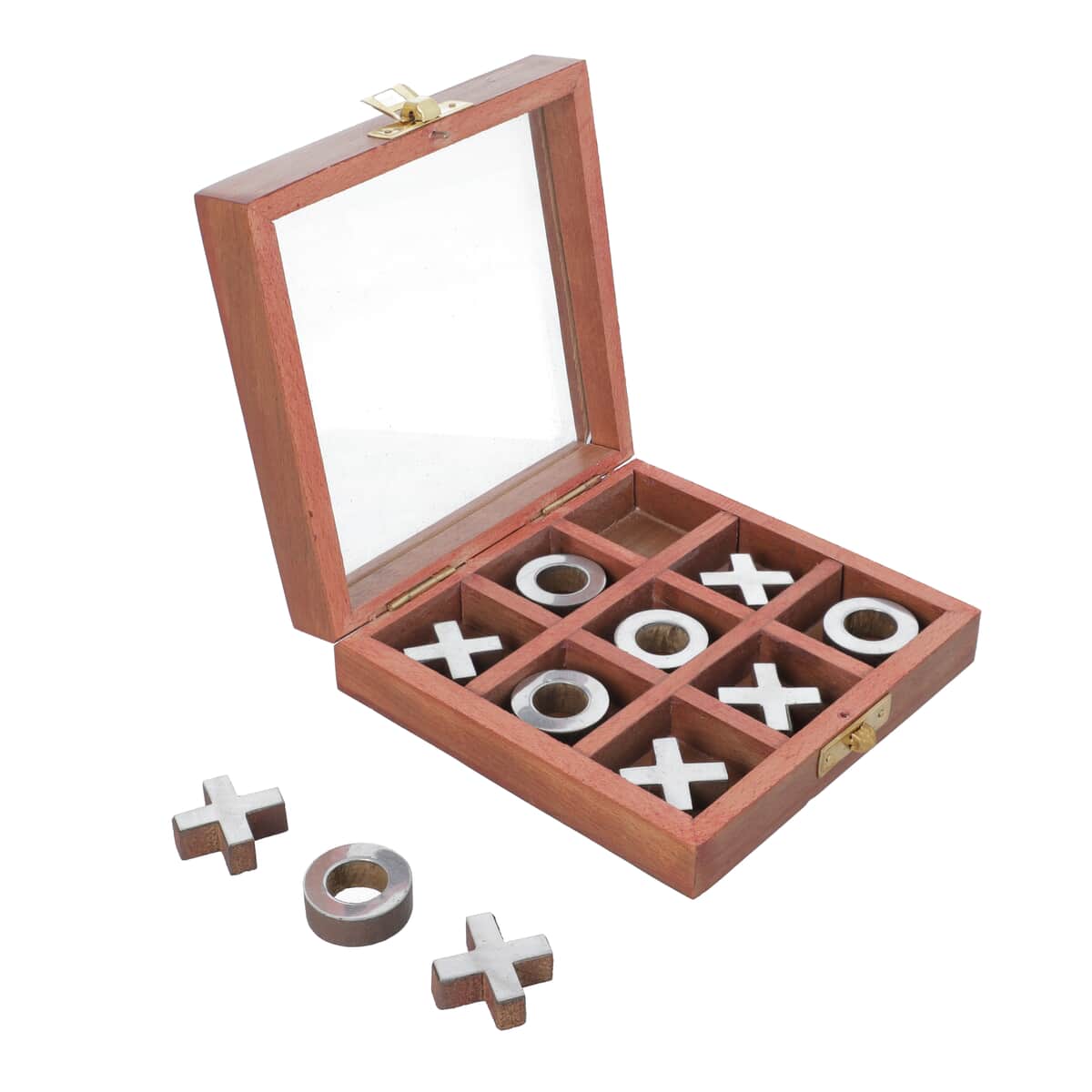 Wooden Tick Tack Toe Wooden Family Board Game Metal Naughts & Crosses Storage Box with Glass Lid image number 0