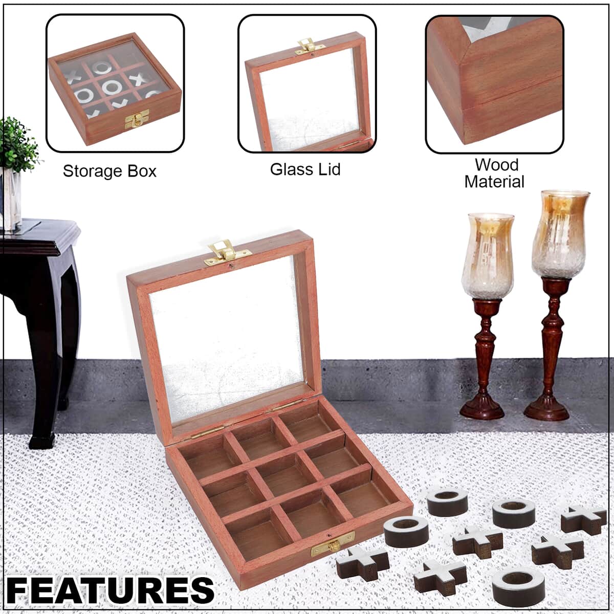 Wooden Tick Tack Toe Wooden Family Board Game Metal Naughts & Crosses Storage Box with Glass Lid image number 2