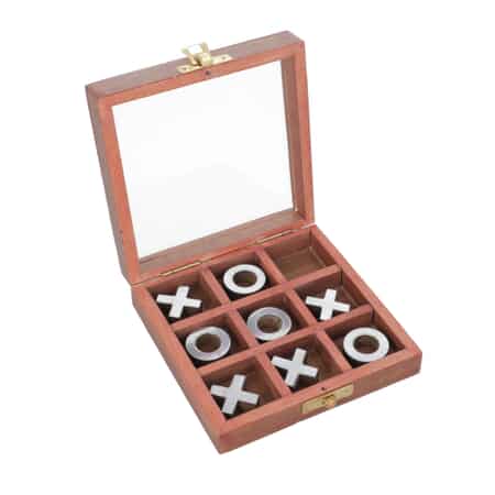 Wooden Tick Tack Toe Wooden Family Board Game Metal Naughts & Crosses Storage Box with Glass Lid image number 5