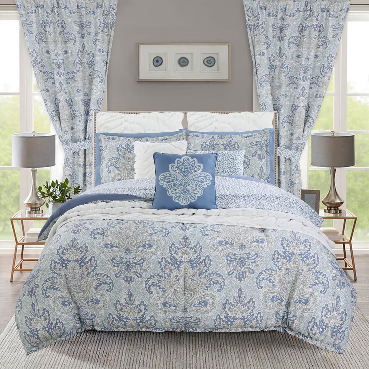Closeout Cozelle GRANDEUR Collection Blue Microluxe 4 Piece Damask Comforter Set (King) image number 0