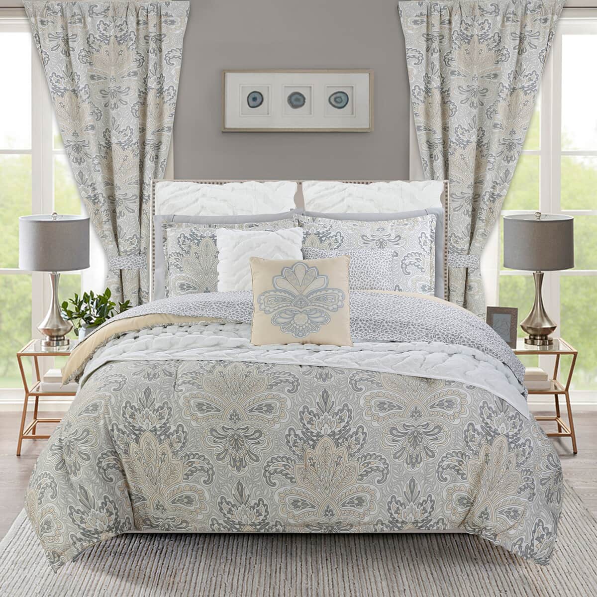 Closeout Cozelle Grandeur Collection Grey Microluxe 4 Piece Damask Comforter Set (King) image number 0