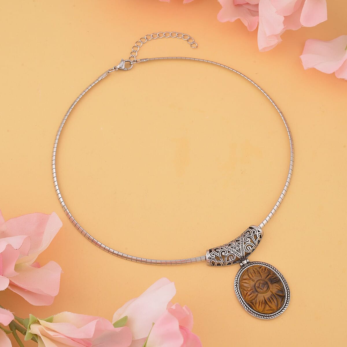 Yellow Tiger Eye Pendant With Necklace 18-20 Inch in Black Oxidized Stainless Steel 30..00 ctw image number 1