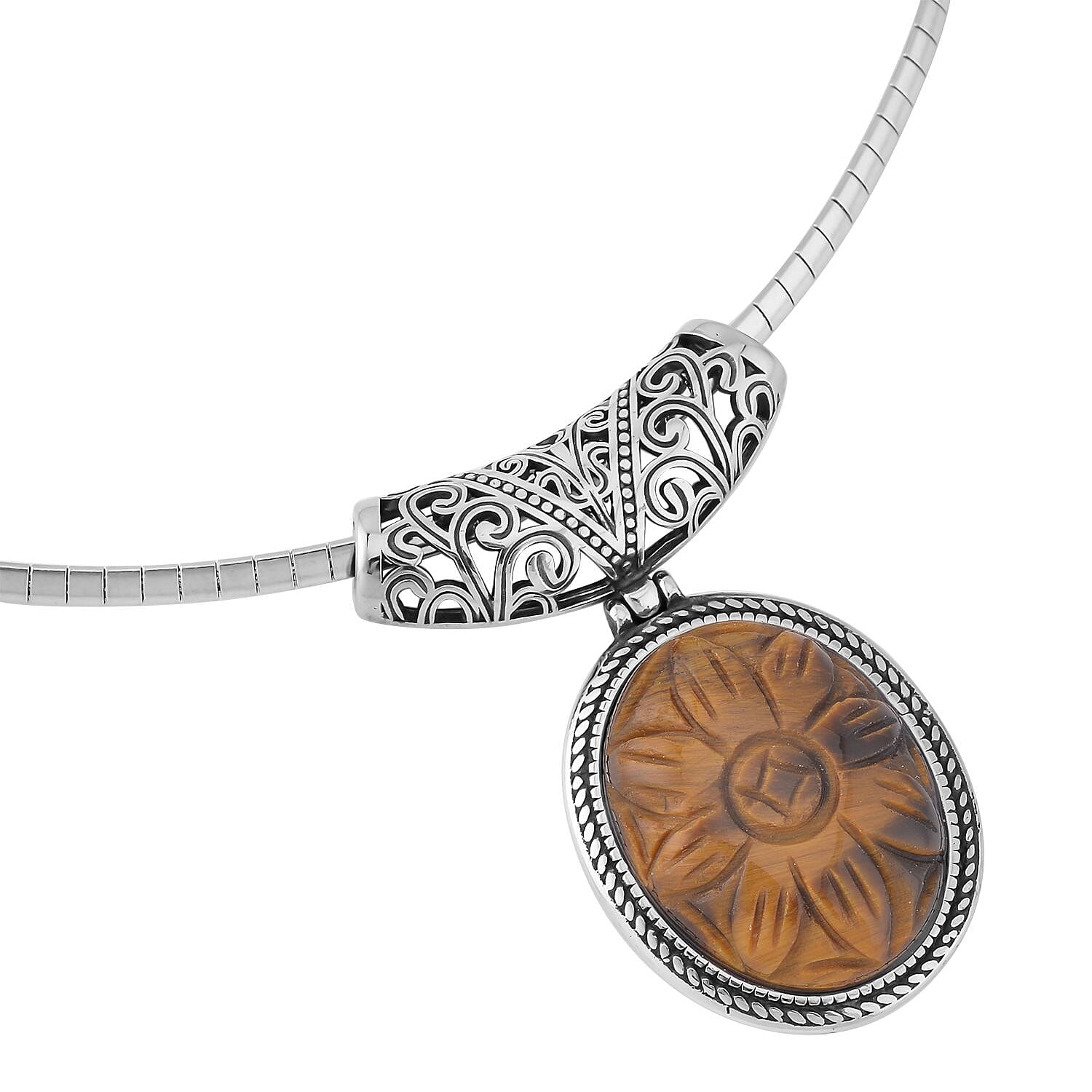 Yellow Tiger Eye Pendant With Necklace 18-20 Inch in Black Oxidized Stainless Steel 30..00 ctw