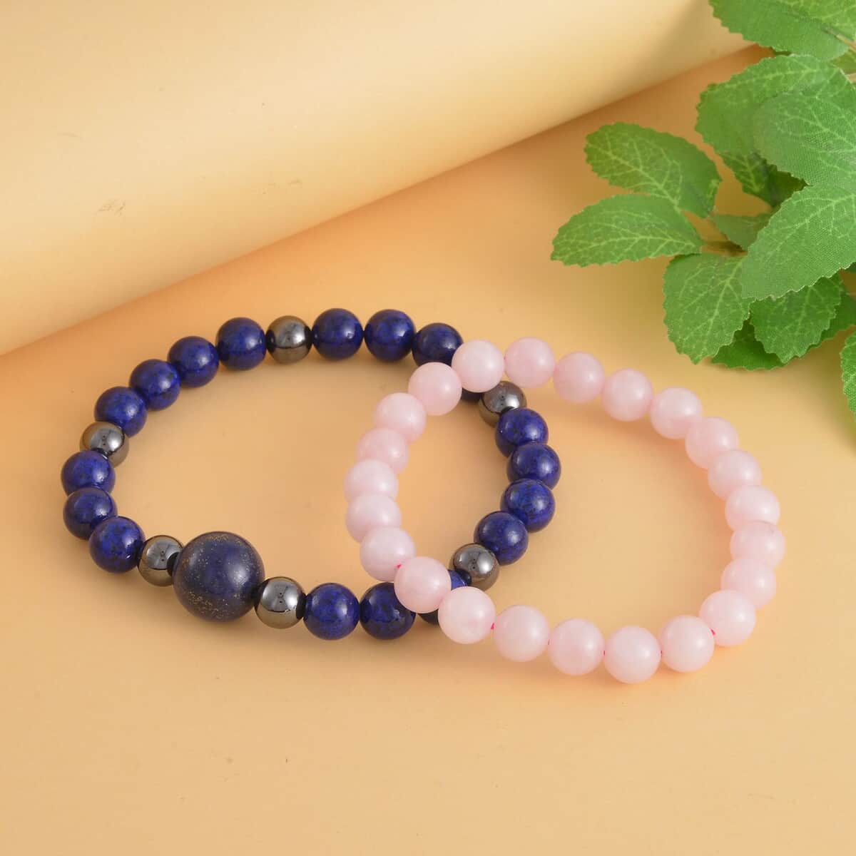 Lapis Lazuli, Hematite and Galilea Rose Quartz Set of 2 Beaded Stretch Bracelet (6.50, 7.00 In) 237.00 ctw image number 1