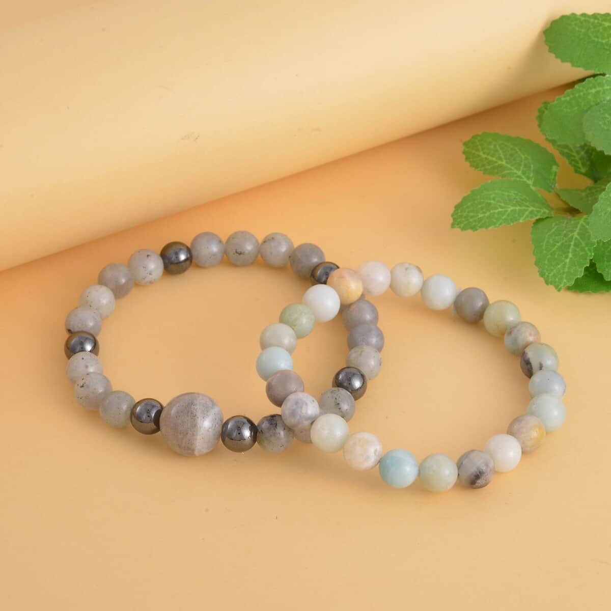 Malagasy Labradorite, Hematite and Multi Color Amazonite Set of 2 Beaded Stretch Bracelet (6.50, 7.00 In) 239.50 ctw image number 1