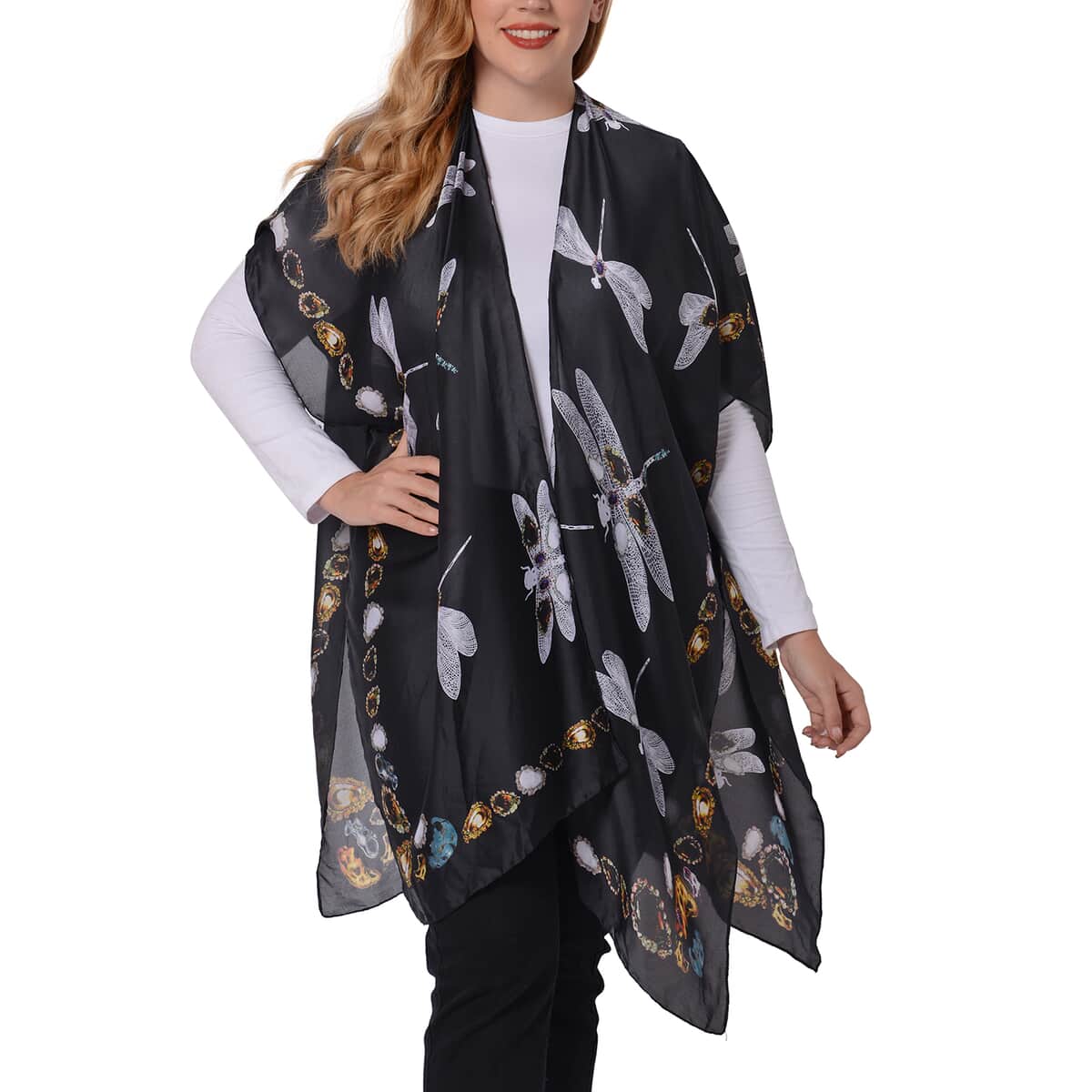 Black Dragonfly Pattern Kimono (100% Polyester) image number 0