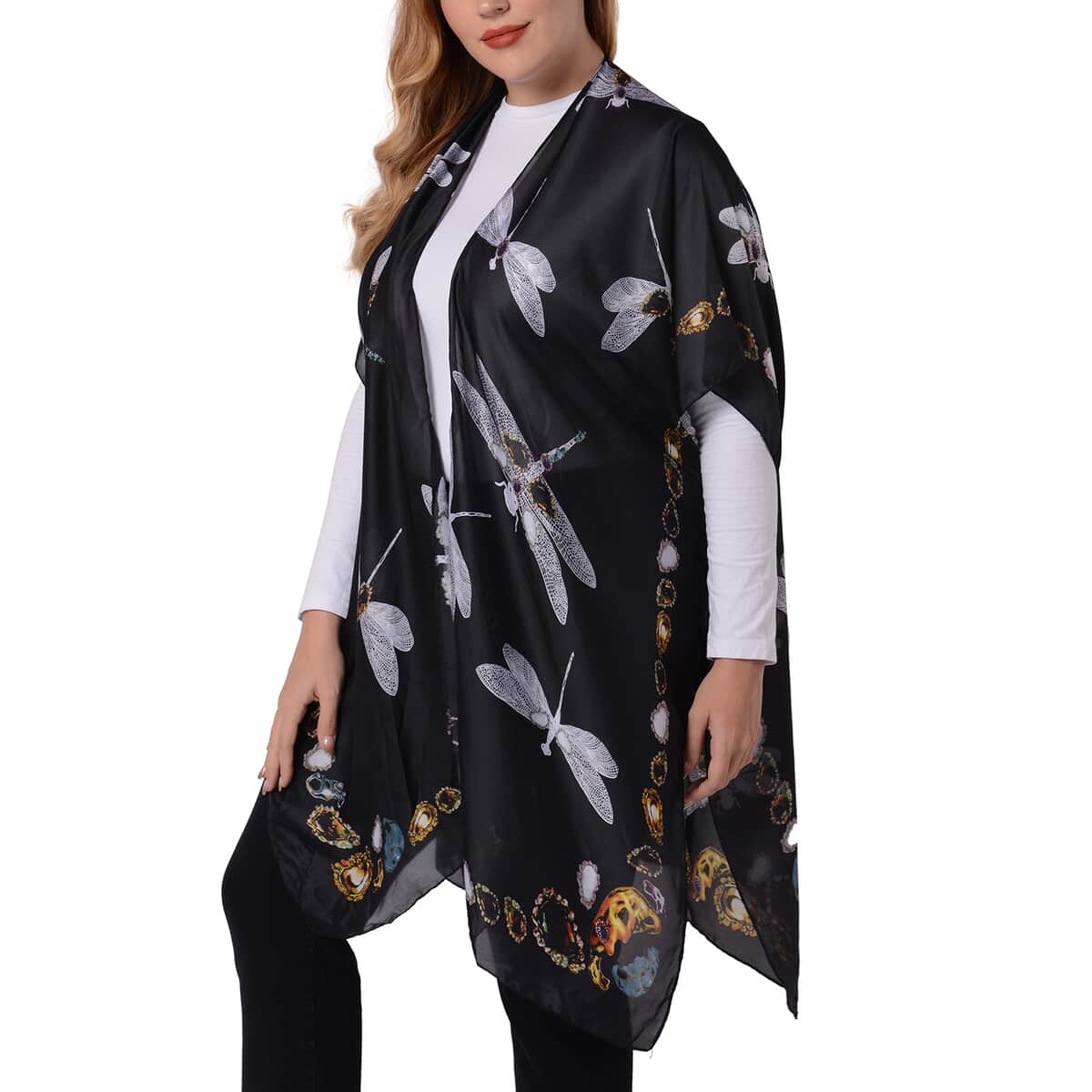 Black Dragonfly Pattern Kimono (100% Polyester) image number 2