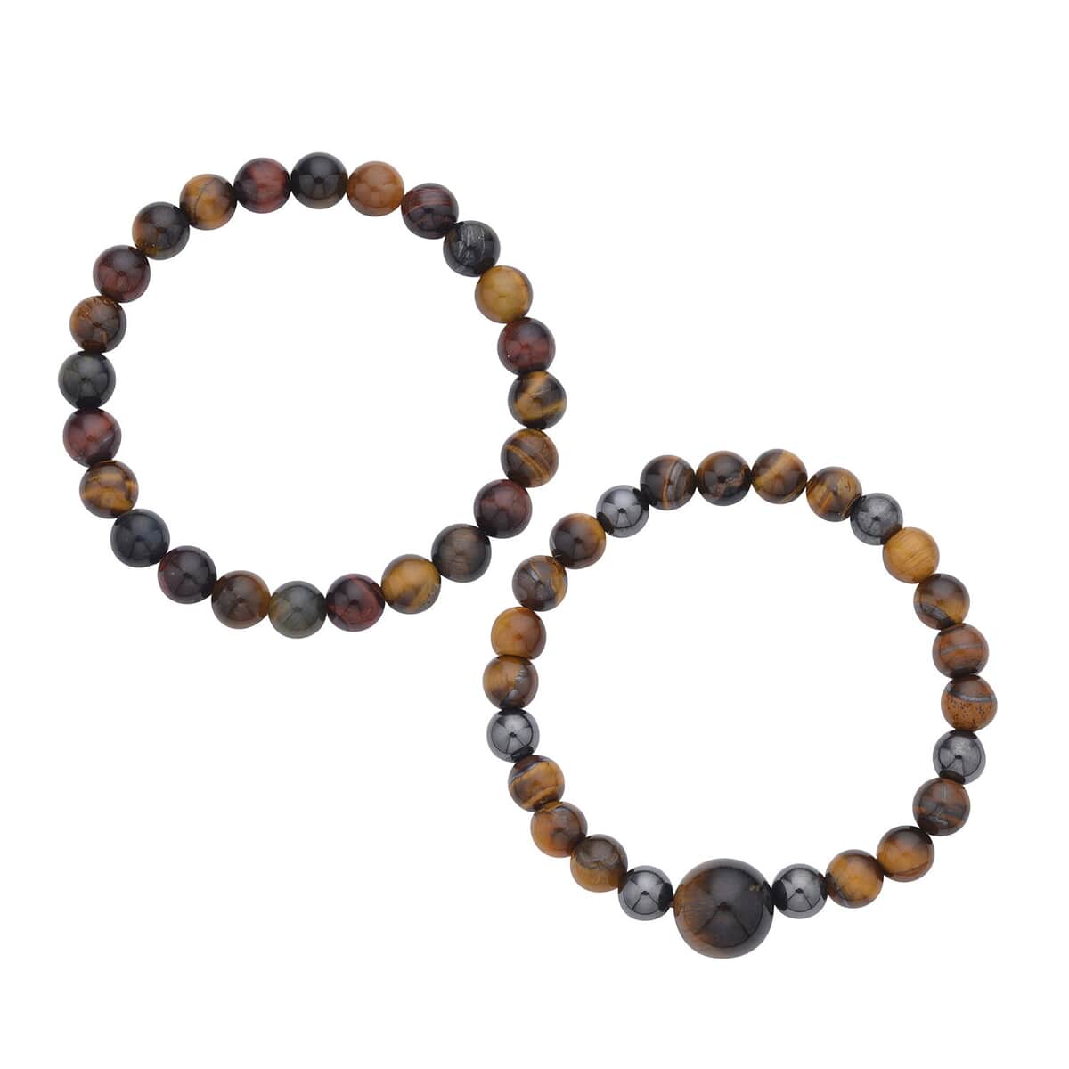 Yellow and Multi Color Tiger Eye, Hematite Set of 2 Beaded Stretch Bracelet (6.50, 7.00 In) 235.50 ctw image number 0