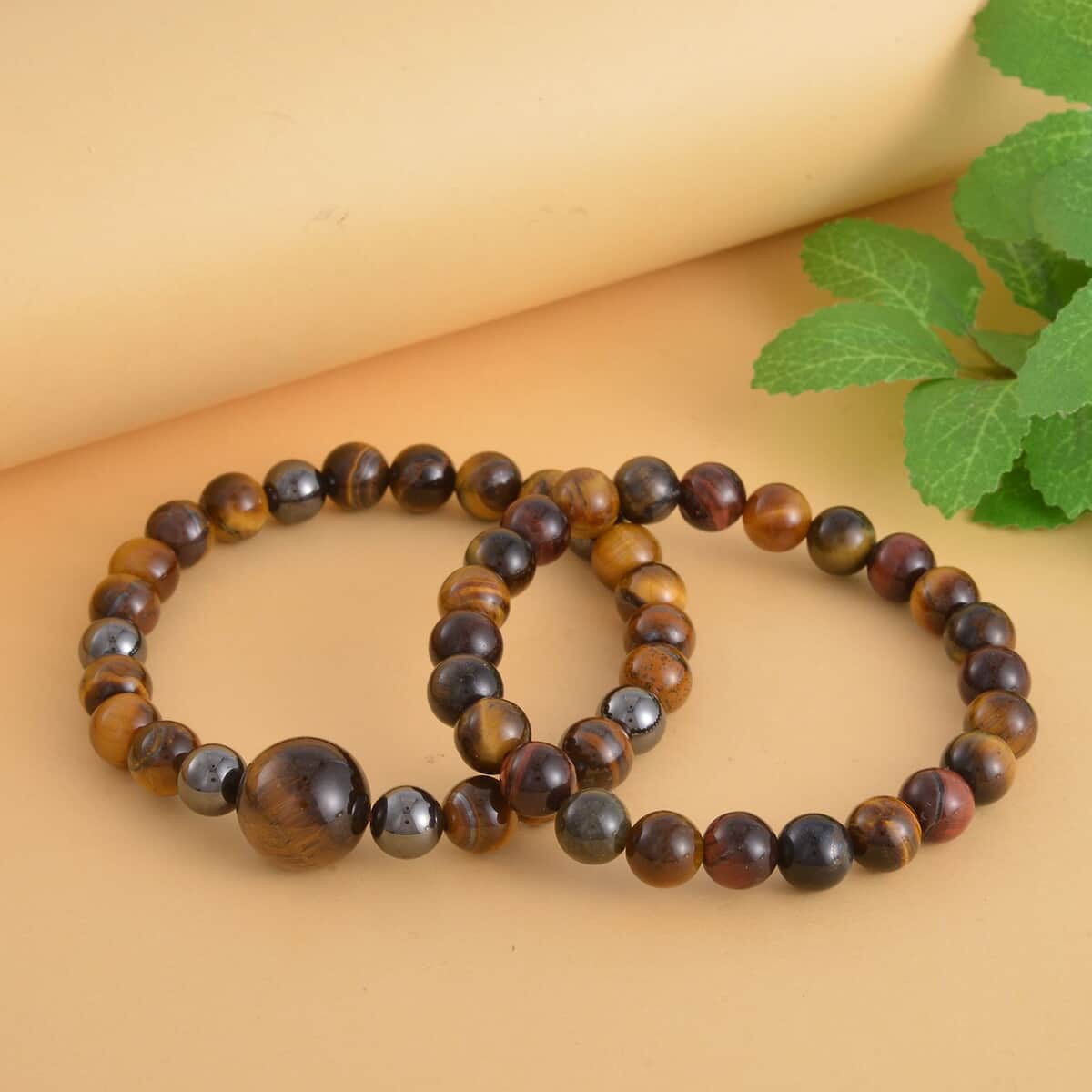 Yellow and Multi Color Tiger Eye, Hematite Set of 2 Beaded Stretch Bracelet (6.50, 7.00 In) 235.50 ctw image number 1