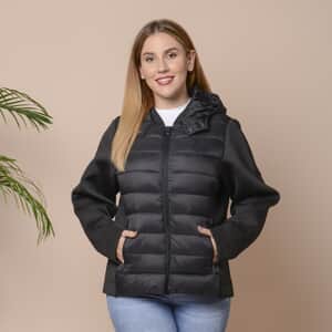 Passage Black Zip-Front Hooded Puffer Jacket with Contrast Sleeves (XL, Nylon and Polyester)