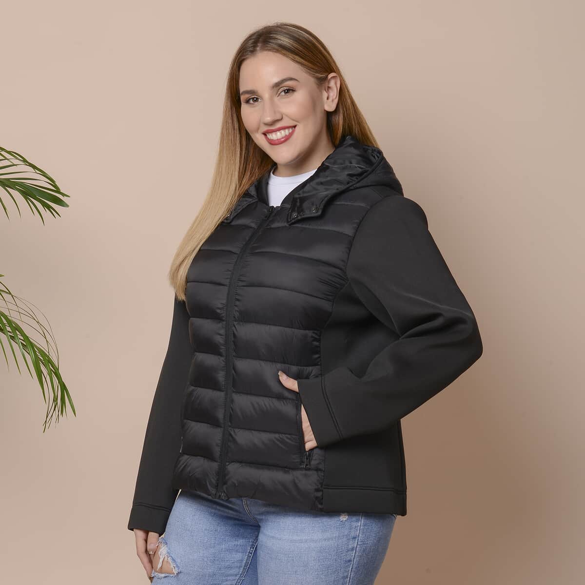 Passage Black Zip-Front Hooded Puffer Jacket with Contrast Sleeves (XL, Nylon and Polyester) image number 2