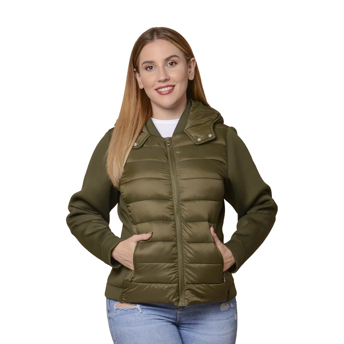 Passage Olive Zip-Front Hooded Puffer Jacket with Contrast Sleeves (L, Nylon and Polyester) image number 0