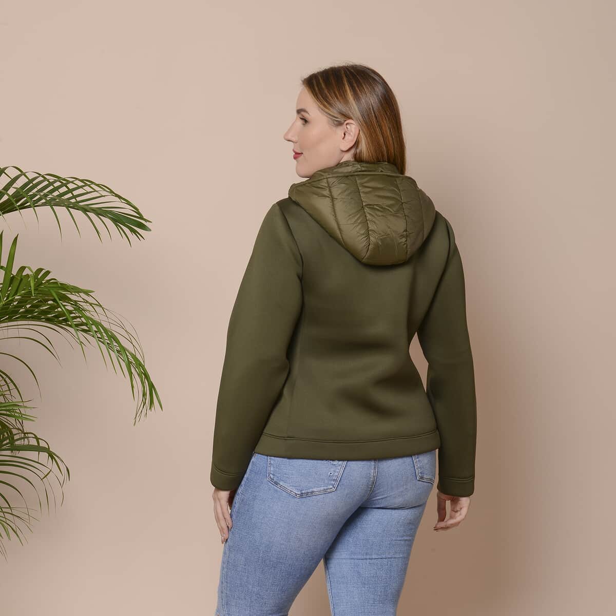 Passage Olive Zip-Front Hooded Puffer Jacket with Contrast Sleeves (L, Nylon and Polyester) image number 1