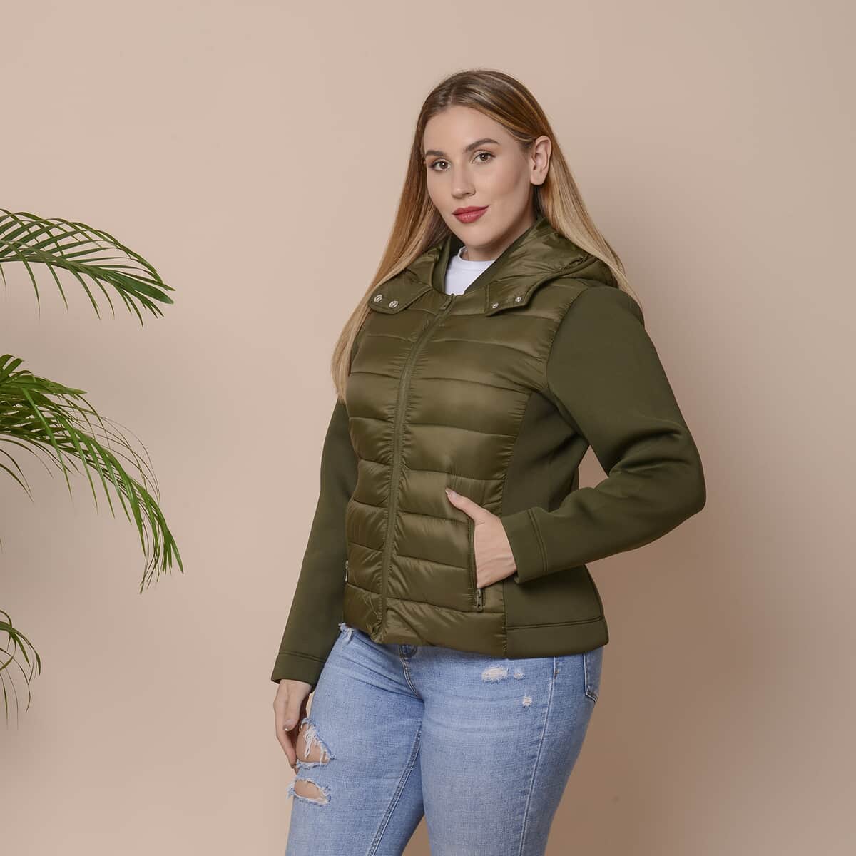 Passage Olive Zip-Front Hooded Puffer Jacket with Contrast Sleeves (L, Nylon and Polyester) image number 2
