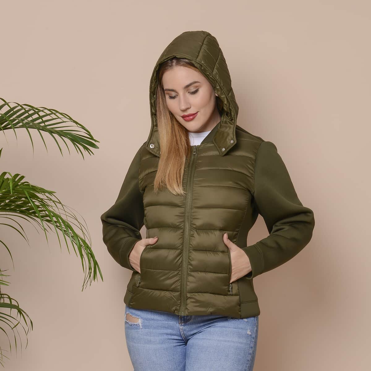 Passage Olive Zip-Front Hooded Puffer Jacket with Contrast Sleeves (L, Nylon and Polyester) image number 3