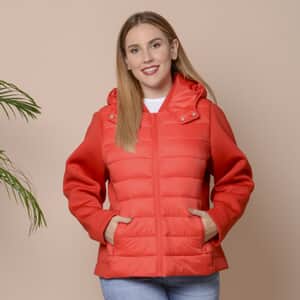 PASSAGE Red Zip-Front Hooded Puffer Jacket with Contrast Sleeves (L, Nylon and Polyester)