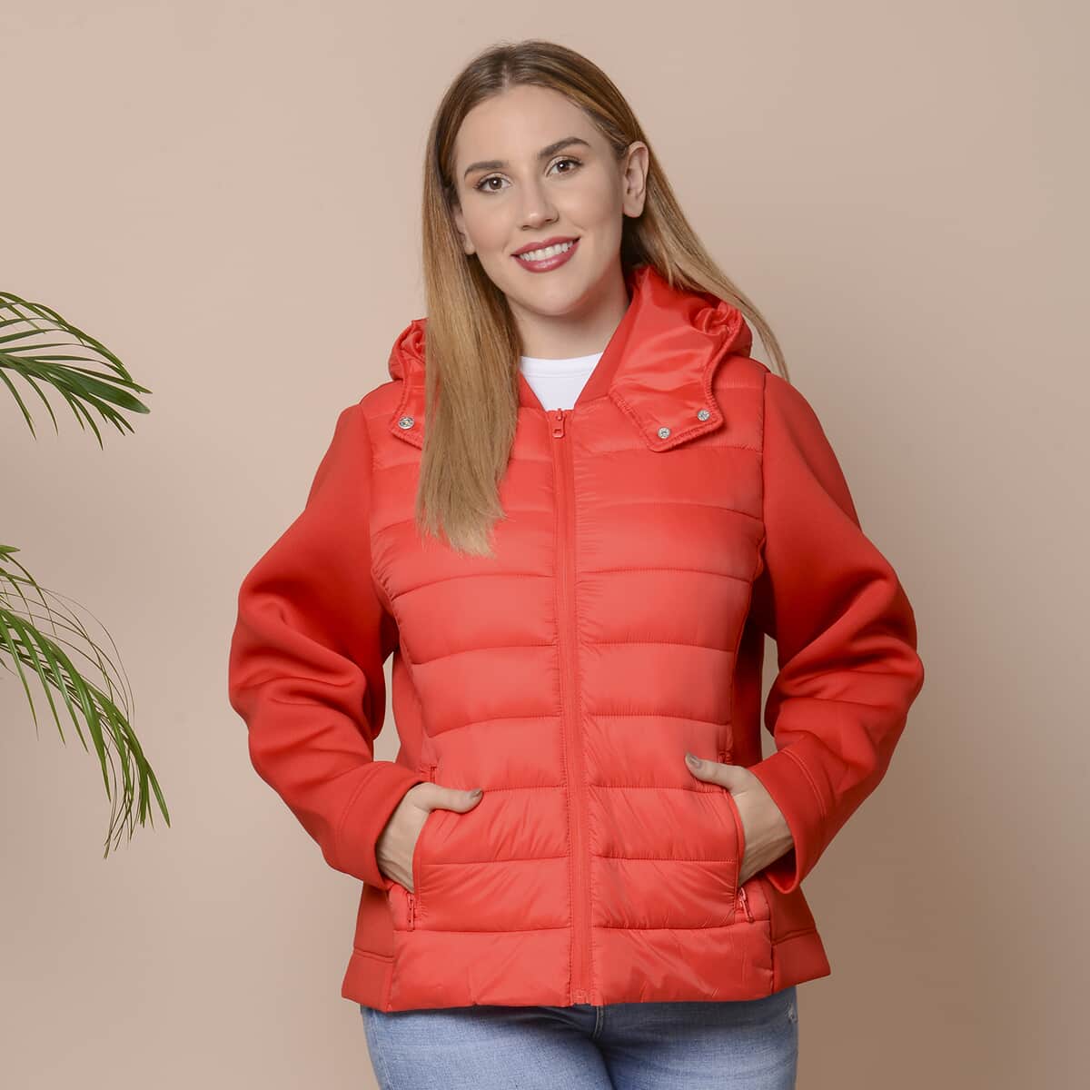 Passage Red Zip-Front Hooded Puffer Jacket with Contrast Sleeves (L, Nylon and Polyester) image number 0