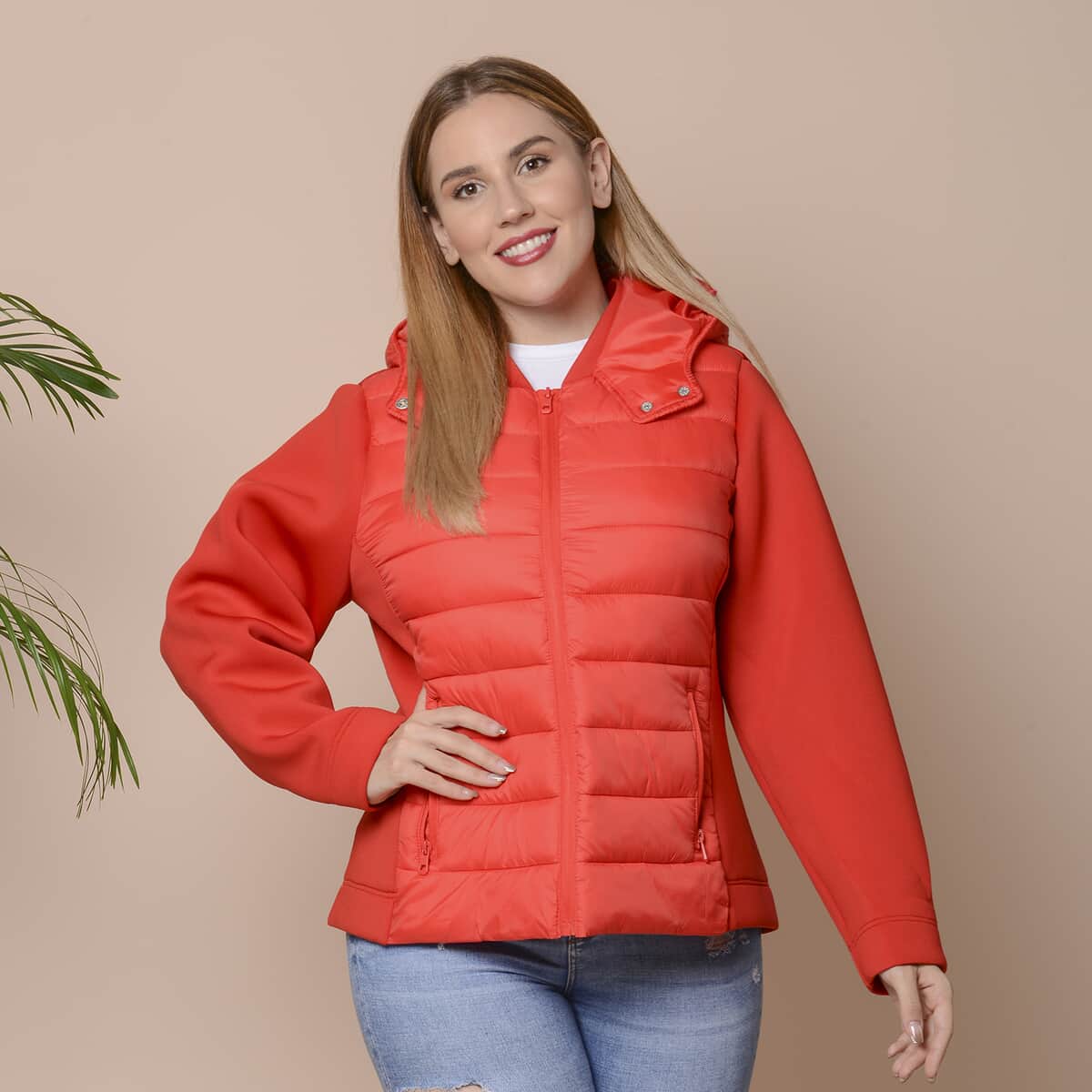 Passage Red Zip-Front Hooded Puffer Jacket with Contrast Sleeves (L, Nylon and Polyester) image number 1